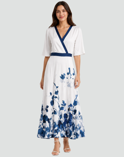 Robe maxi élégante pour femme avec col cache-cœur en V et ceinture à la taille