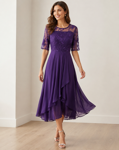 Robe midi femme avec haut en dentelle et manches trois-quarts