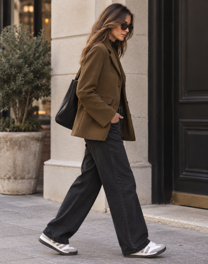 Blazer oversize pour femme en suédine avec revers et fermeture boutonnée
