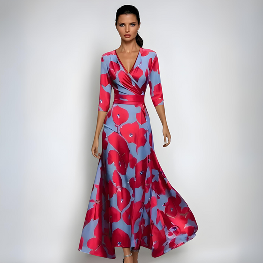 Robe cocktail à imprimé floral en longueur maxi avec détail portefeuille