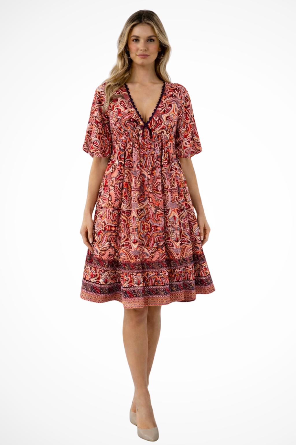 Soepele Midi Zomerjurk Met V Hals En Boho Print