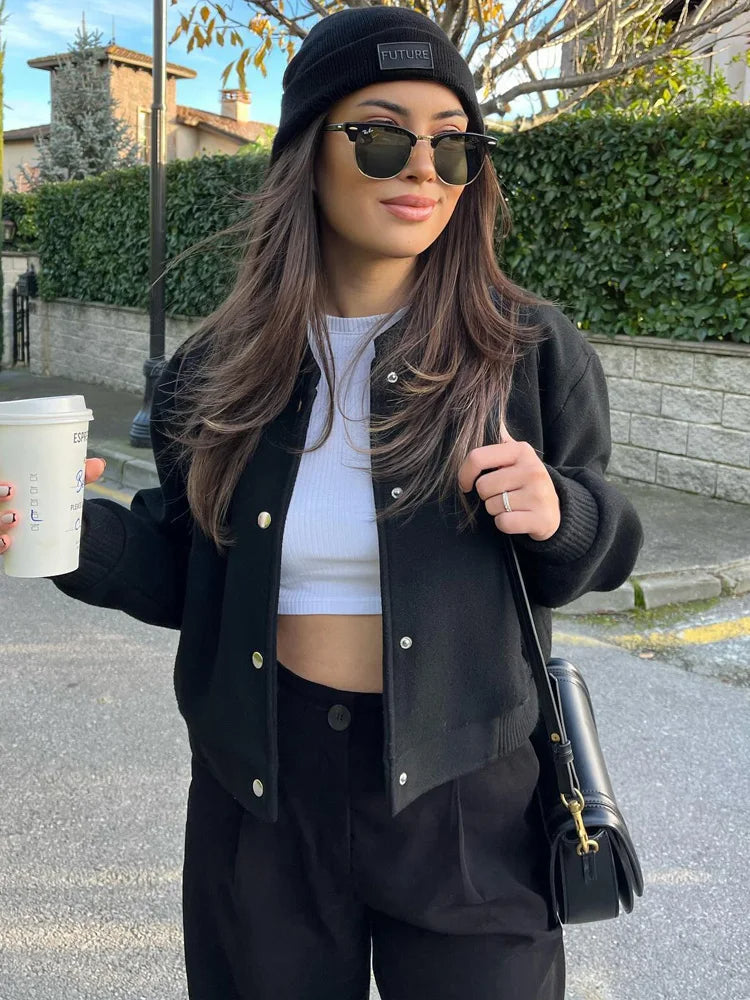 Stylish Women's Cropped Bomber Jacket with Snap Buttons