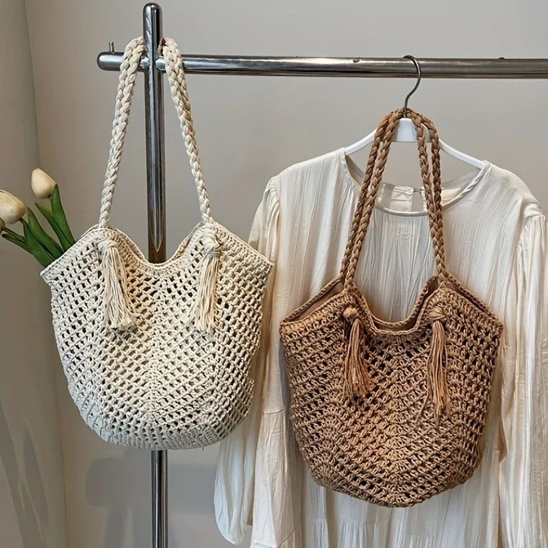 Zomerse Boho Dames Schoudertas met Gevlochten Handvatten