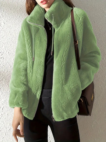 Luxe Warme Dames Fleece Jas Met Opstaande Kraag en Rits Sluiting