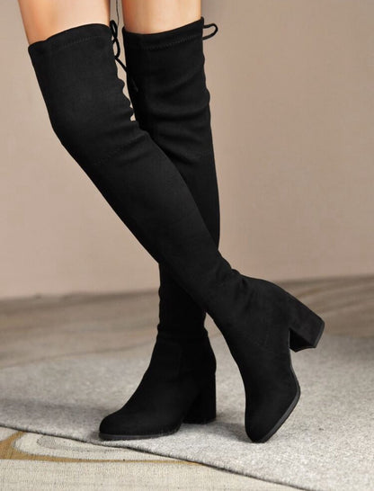 Luxe Zwarte Dames Suede Overknee Laarzen met Blokhak