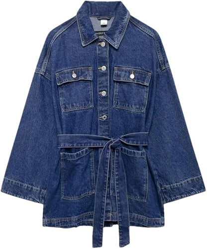 Long Trendy Denim Jacket for Women with Belt and Pockets