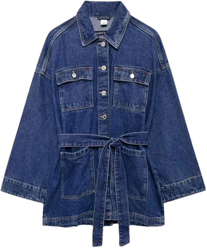 Lange Trendy Denim Jas Dames met Ceintuur en Zakken