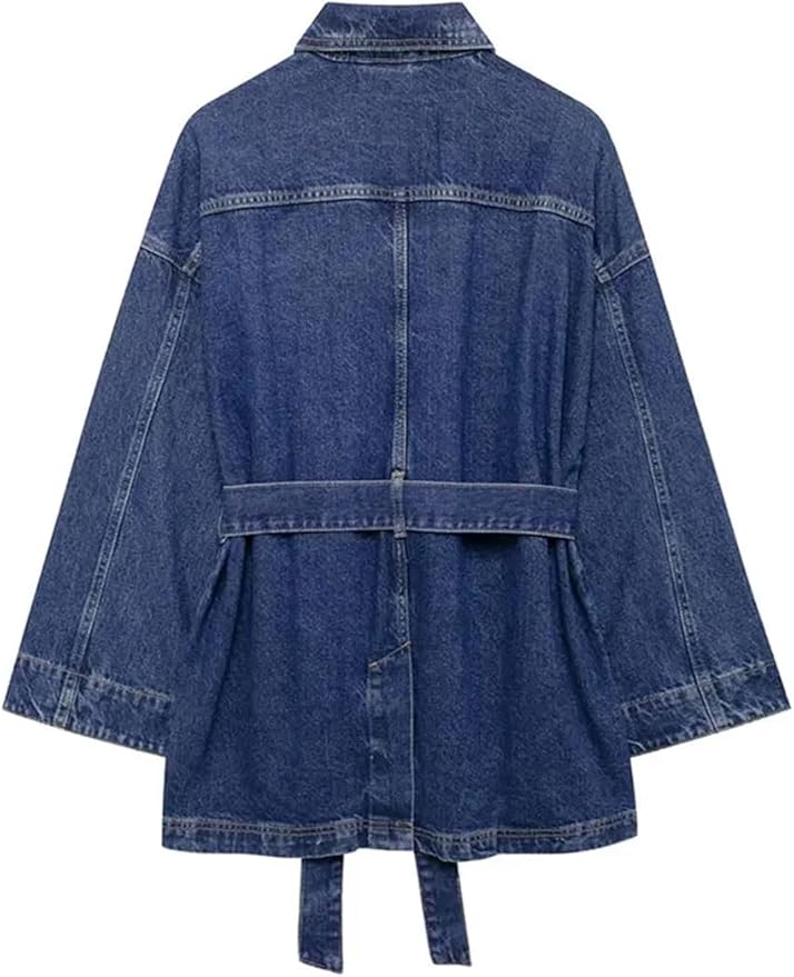 Lange Trendy Denim Jas Dames met Ceintuur en Zakken