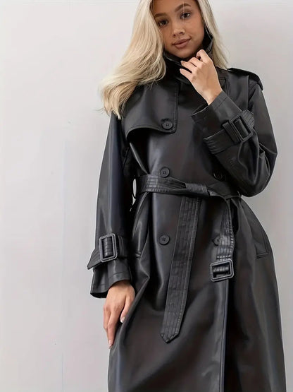 Lange Dames Leren Trenchcoat met Ceintuur