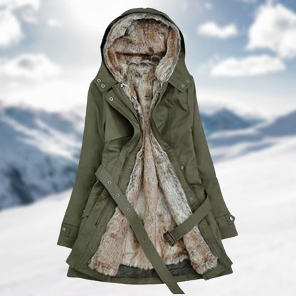 Warme gevoerde dames parka met ceintuur en chique details