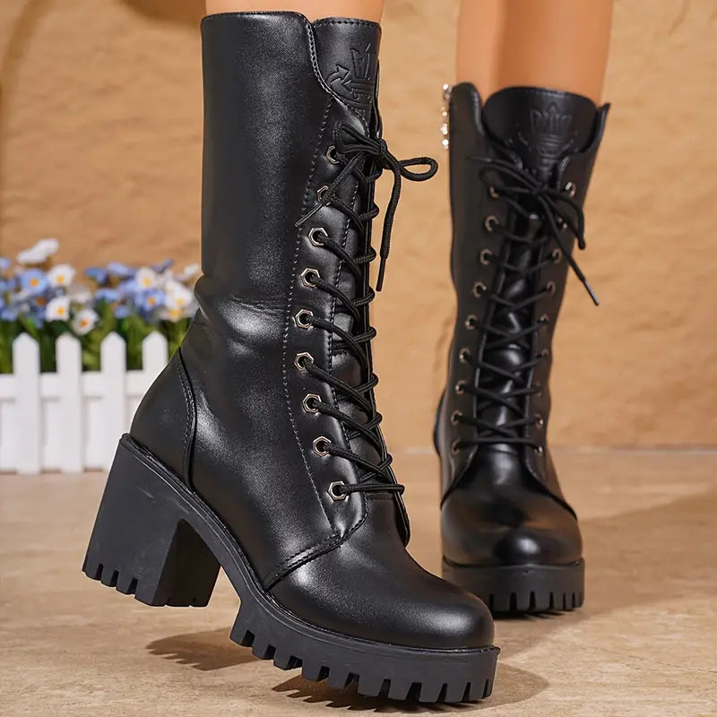Trendy Dames Zwarte Combat Knielaarzen met Veters en Chunky Hak