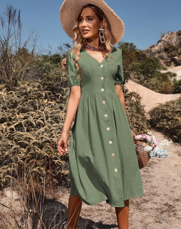 Robe Midi d'Été Élégante pour Femmes avec Col V et Fermeture à Boutons