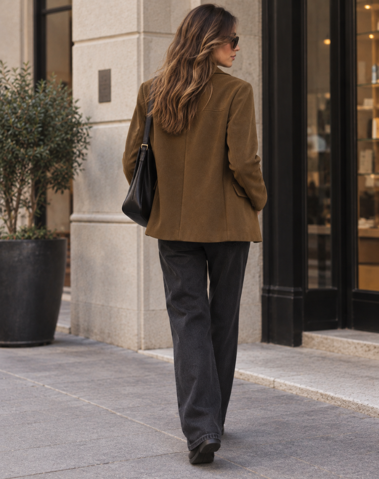 Blazer oversize pour femme en suédine avec revers et fermeture boutonnée