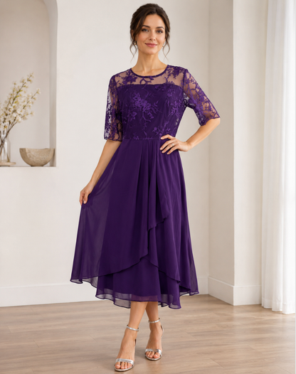 Robe midi femme avec haut en dentelle et manches trois-quarts