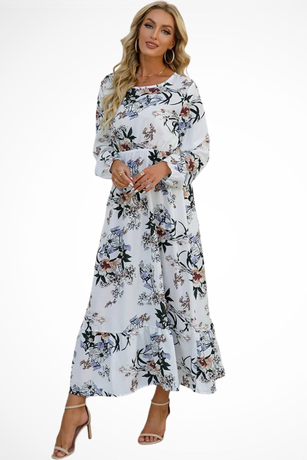 Robe maxi d'été à imprimé floral avec manches longues pour femme