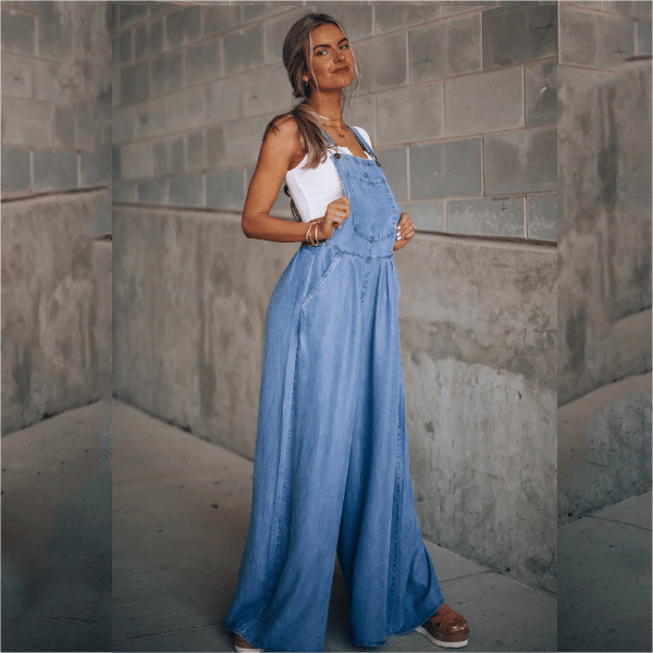 Trendy Dames Denim Jumpsuit Met Wijde Pijpen En Bretels