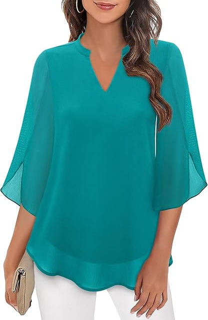 Luxe Dames Blouse met V-Hals en Losvallende Mouwen