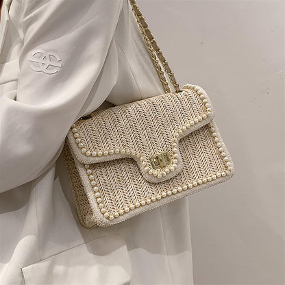 Baili | Elegante Rieten Schoudertas met Pareldetails