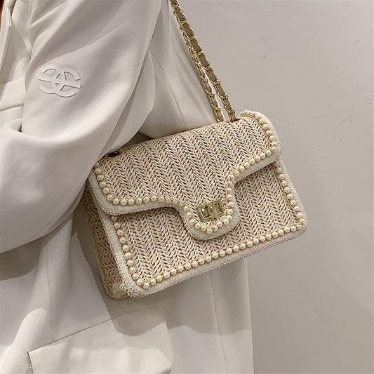 Baili | Elegante Rieten Schoudertas met Pareldetails