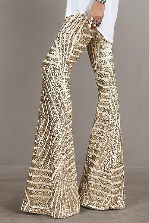 Glamoureuze Gouden Dames Broek met Pailletten en Wijde Pijpen
