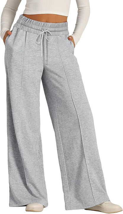 Gray Women's Jogging Pants With Elastic Waist And Wide Legs