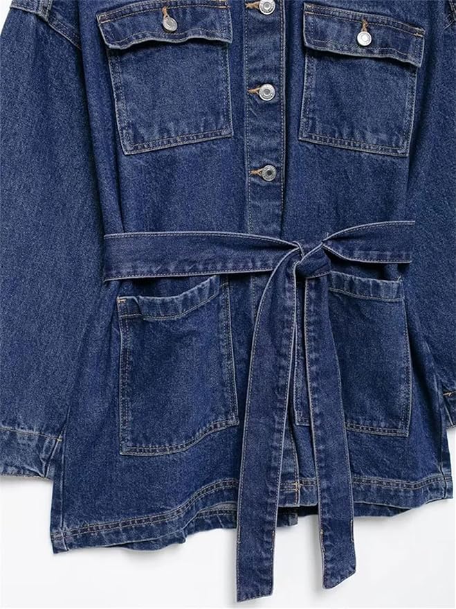 Long Trendy Denim Jacket for Women with Belt and Pockets