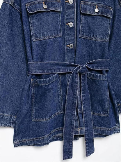 Long Trendy Denim Jacket for Women with Belt and Pockets