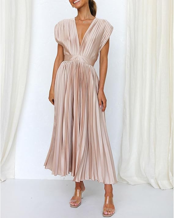 Elegante Beige Halter Mini Jurk voor Dames met Plissé en Strikdetail