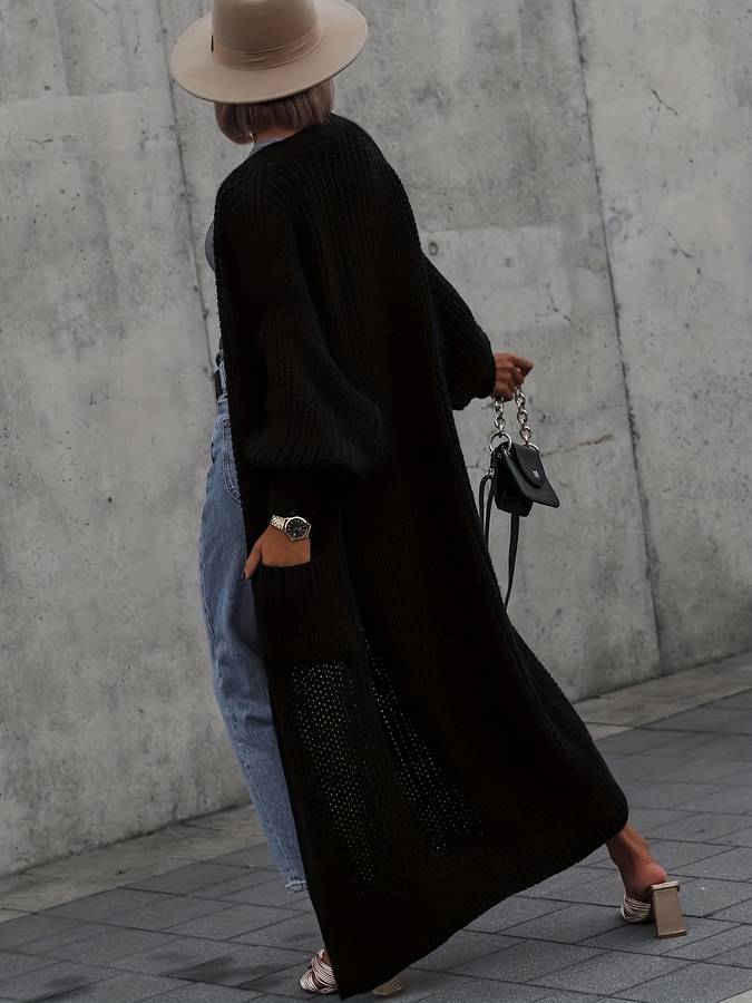 Luxe Gebreid Oversized Zwart Dames Lang Vest met Zakken