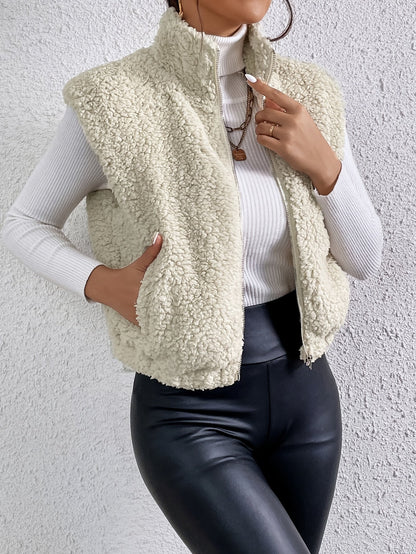 Warme teddy dames bodywarmer met rits en hoge kraag