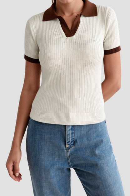 Elegante Dames Polo met Ribpatroon en V-hals