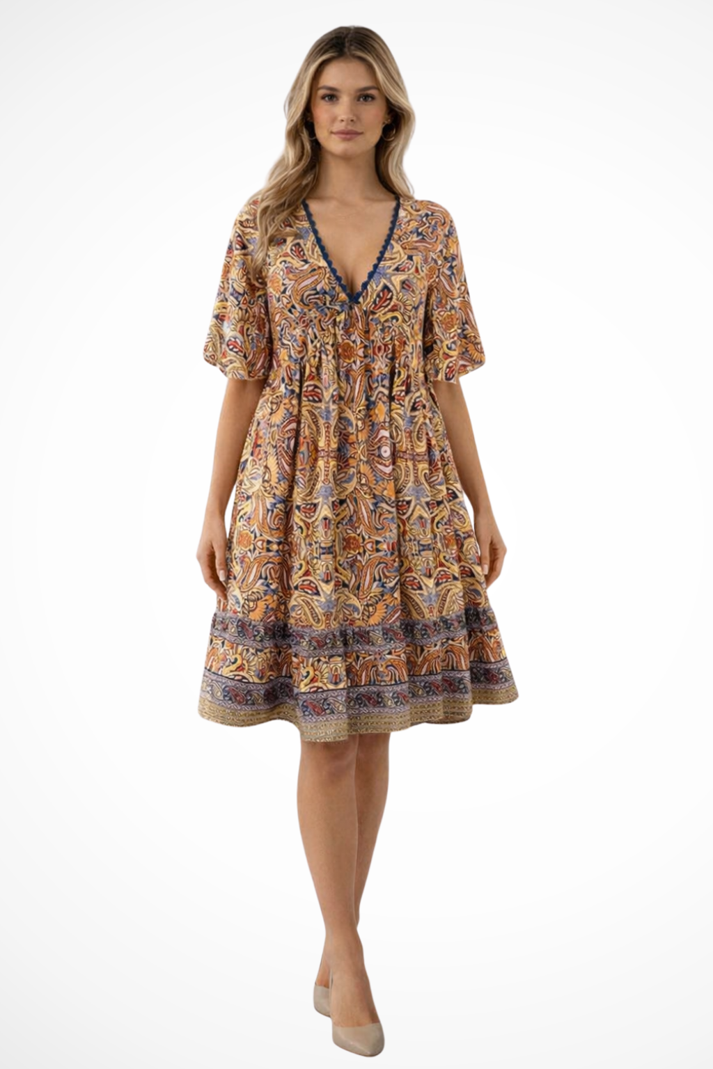 Soepele Midi Zomerjurk Met V Hals En Boho Print