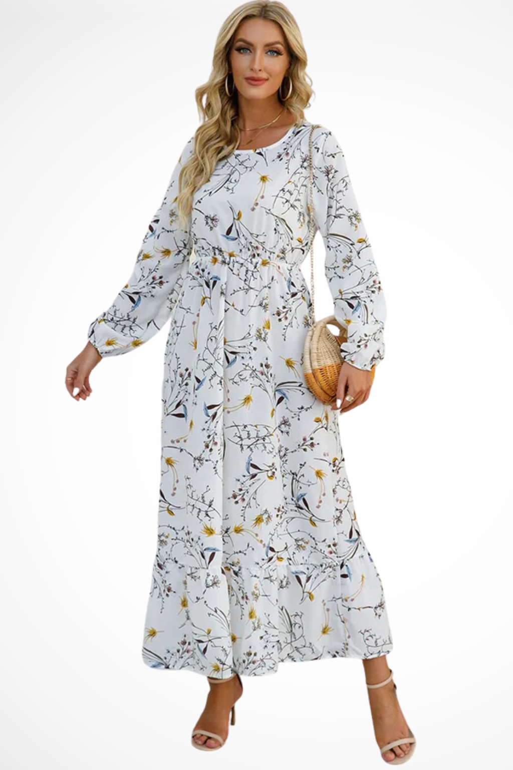 Robe maxi d'été à imprimé floral avec manches longues pour femme