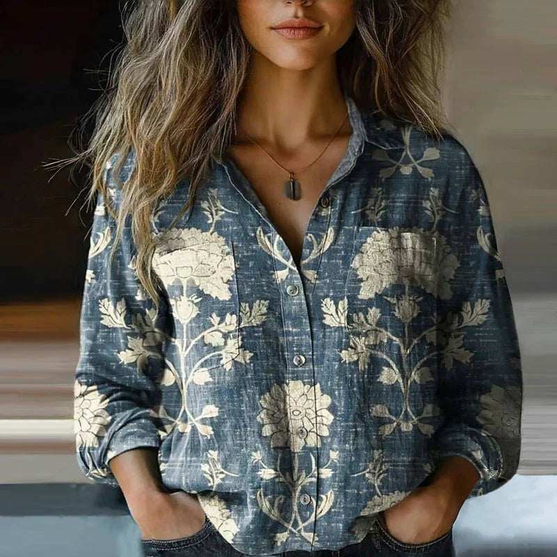 Bohemian Vintage Dames Blouse met Puntkraag en Borstzakken