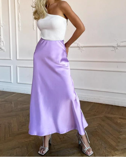 Satijnen Dames Midi Rok met Hoge Taille en Wijd Uitlopende Zoom
