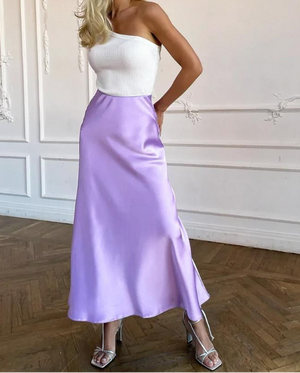 Satijnen Dames Midi Rok met Hoge Taille en Wijd Uitlopende Zoom