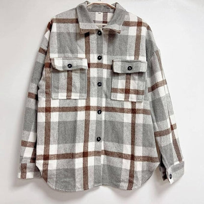 Oversized Dames Wollen Jas met Ruitpatroon en Zakken