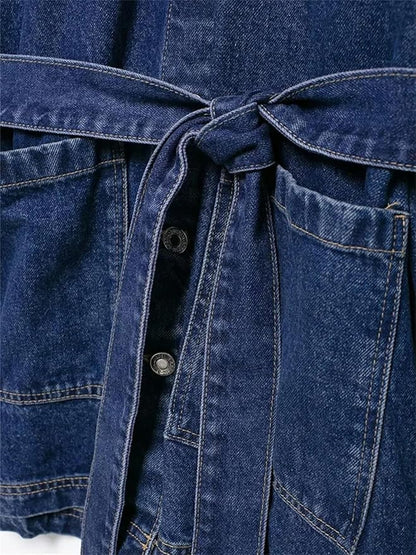 Long Trendy Denim Jacket for Women with Belt and Pockets