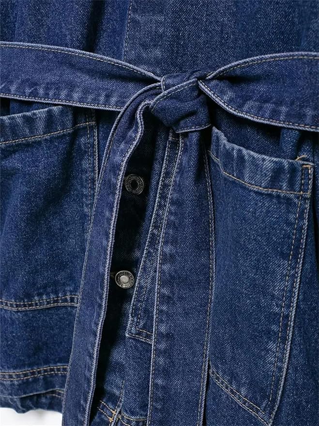 Lange Trendy Denim Jas Dames met Ceintuur en Zakken