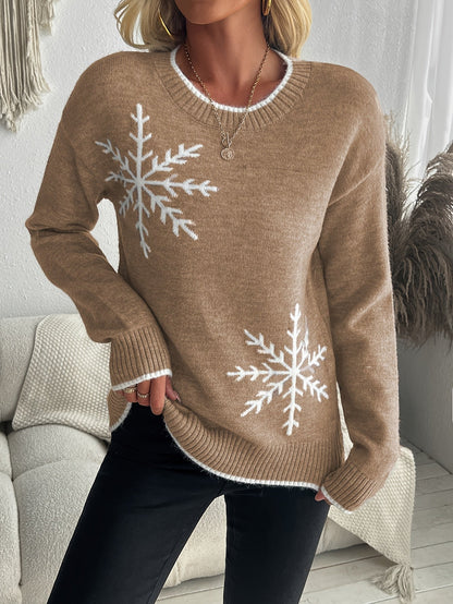 Gebreide Jacquard Dames Trui met Sneeuwvlokmotief en Ribboorden