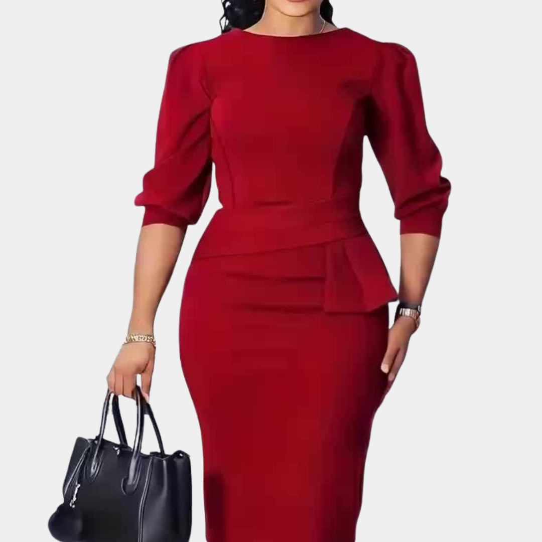 Adele | Women's Midi Dress Peplum Waist Sculpted Tailored Fit Everyday Occasion Dress