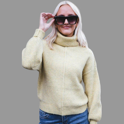 Knitted Yellow Women's Turtleneck Sweater with Long Sleeves