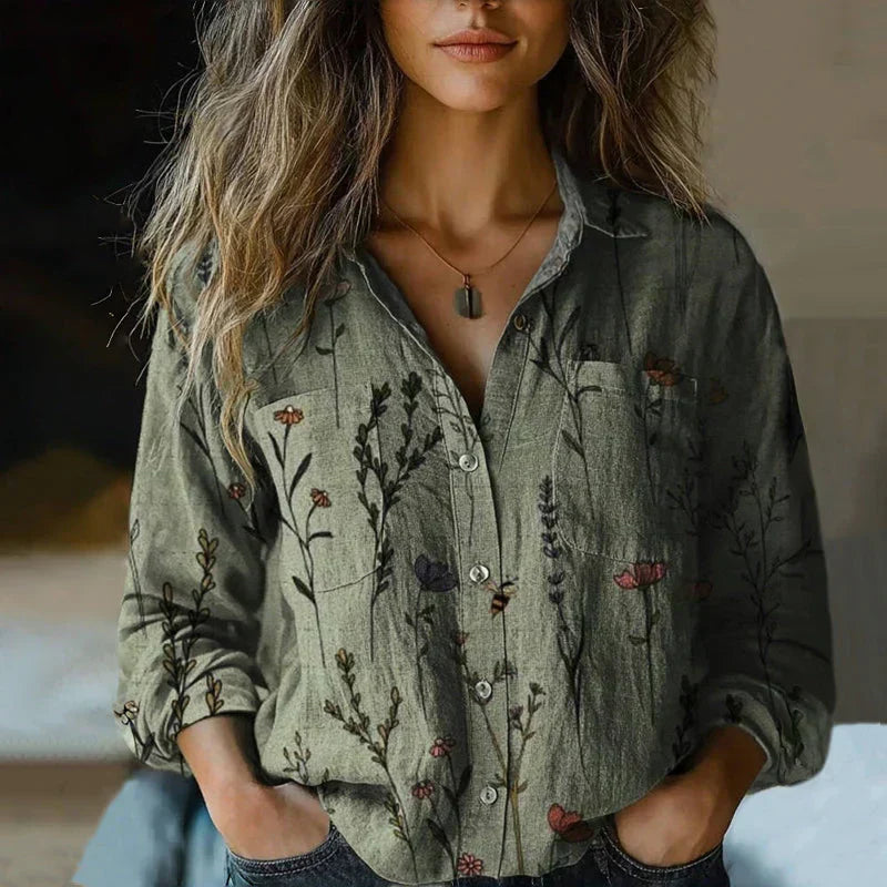 Bohemian Vintage Dames Blouse met Puntkraag en Borstzakken