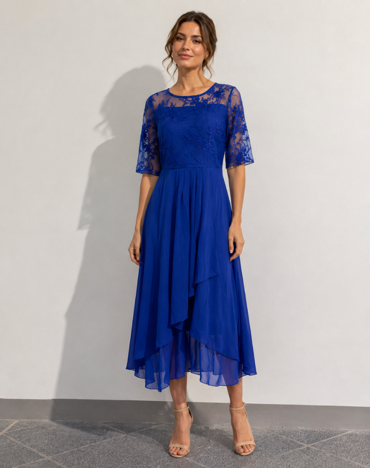 Robe midi femme avec haut en dentelle et manches trois-quarts