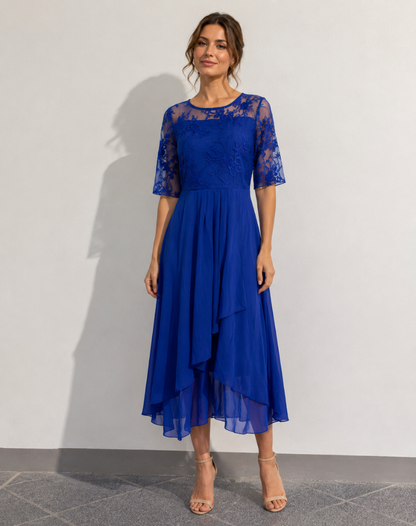 Robe midi femme avec haut en dentelle et manches trois-quarts