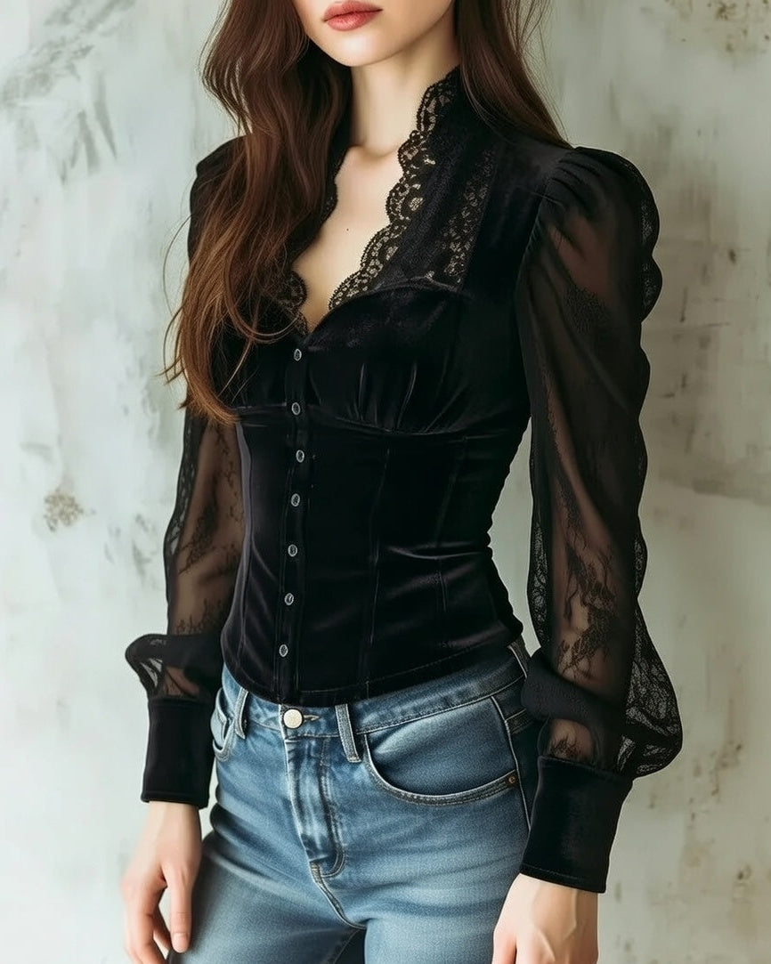 Luxe Zwarte Kant Blouse voor Dames Met Transparante Mouwen