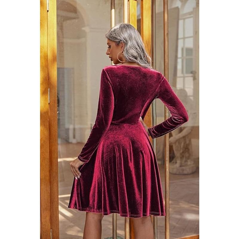 Luxe Vrouwen Rood Fluwelen Mini Jurk met Lange Mouwen