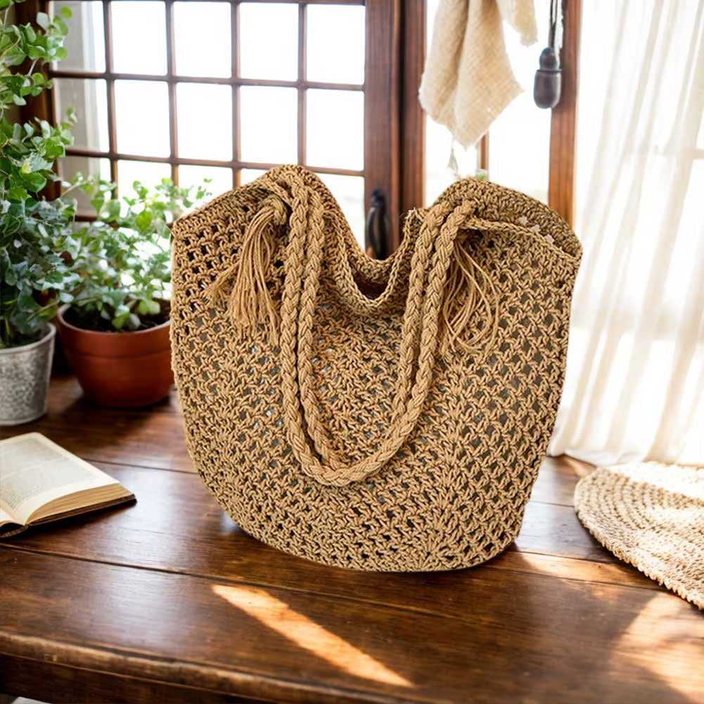 Zomerse Boho Dames Schoudertas met Gevlochten Handvatten