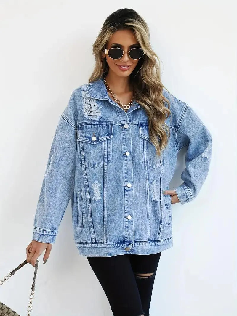 Dames Oversized Denim Jas met Stoere Look en Drukknoopsluiting