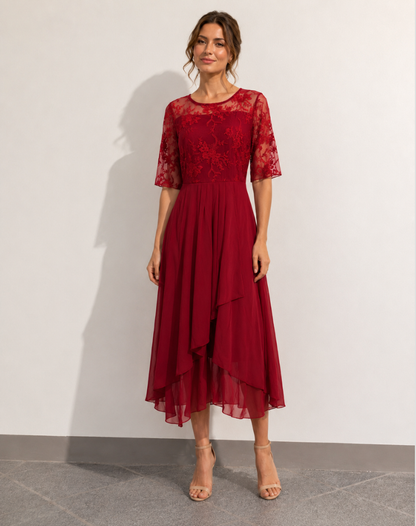 Robe midi femme avec haut en dentelle et manches trois-quarts